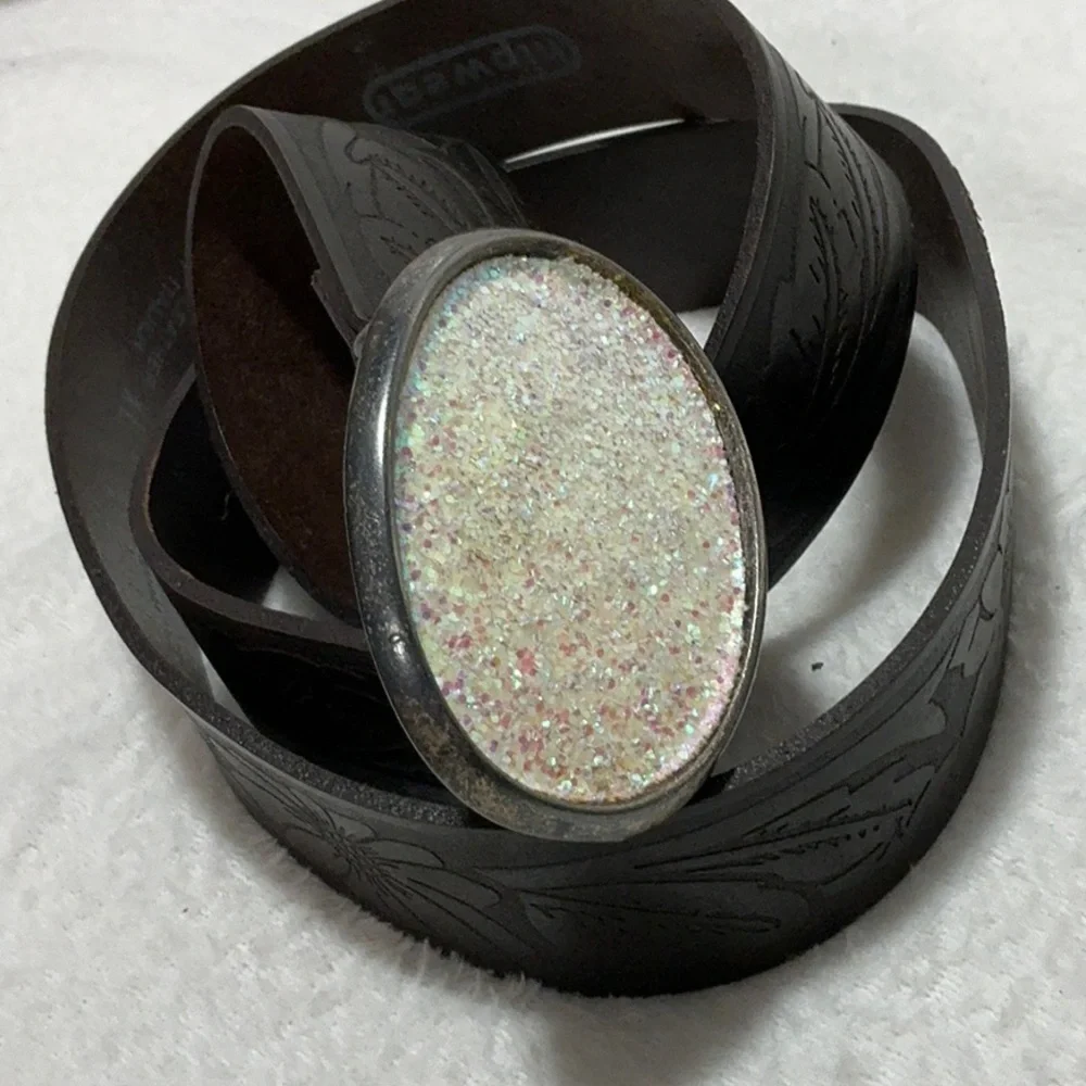 Italian Leather Belt Floral Embossed Western Design Glitter Buckle